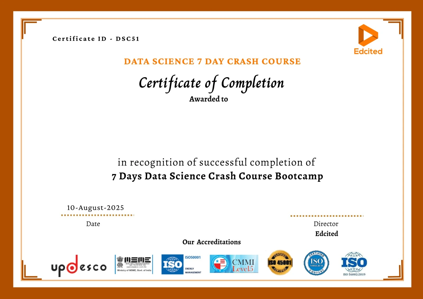 Data Science Course Certificate